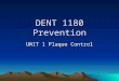 DENT 1180 Prevention UNIT 1 Plaque Control. PLAQUE Sticky mass of bacteria in colonies on teeth