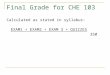 Final Grade for CHE 103 Calculated as stated in syllabus: EXAM1 + EXAM2 + EXAM 3 + QUIZZES 350