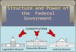 Structure and Power of the Federal Government The Legislative branch consists of two houses Legislature Senate House of Representatives