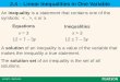 2.4 â€“ Linear Inequalities in One Variable An inequality is a statement that contains one of the symbols:, â‰¤ or â‰¥. Equations Inequalities x = 3 12 = 7 â€“