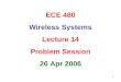 1 ECE 480 Wireless Systems Lecture 14 Problem Session 26 Apr 2006