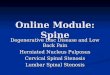 Online Module: Spine Degenerative Disc Disease and Low Back Pain Herniated Nucleus Pulposus Cervical Spinal Stenosis Lumbar Spinal Stenosis
