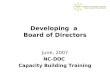 Developing a Board of Directors June, 2007 NC-DOC Capacity Building Training