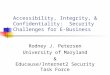Accessibility, Integrity, & Confidentiality: Security Challenges for E-Business Rodney J. Petersen University of Maryland & Educause/Internet2 Security