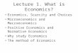 Lecture 1. What is Economics? Economics, Scarcity and Choices Microeconomics and Macroeconomics Positive Economics and Normative Economics Why study Economics