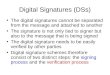 Digital Signatures (DSs) The digital signatures cannot be separated from the message and attached to another The signature is not only tied to signer but