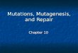 Mutations, Mutagenesis, and Repair Chapter 10. The Problem DNA extremely long, fragile DNA extremely long, fragile Subject to both physical and chemical