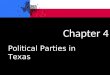 Chapter 4 Political Parties in Texas. Role of Political Parties in Texas Politics Help voters make choices –“R” or “D” next to candidate name on ballot