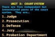 UNIT 3: COURT SYSTEM There are five independent but interrelated parts of the court system. They are…. 1.Judge 2.Prosecution 3.Defense 4.Jury 5.Probation