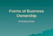 Forms of Business Ownership Introduction. Sole Proprietorship  “a business owned by one person who is subject to claims of creditors”  Advantages: 1)