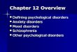Chapter 12 Overview Defining psychological disorders Defining psychological disorders Anxiety disorders Anxiety disorders Mood disorders Mood disorders