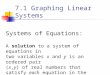 Systems of Equations: A solution to a system of equations in two variables x and y is an ordered pair (x,y) of real numbers that satisfy each equation