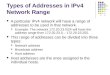 Types of Addresses in IPv4 Network Range A particular IPv4 network will have a range of addresses to be used in that network. Example: The network 172.20.23.0/24
