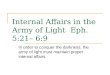 Internal Affairs in the Army of Light Eph. 5:21– 6:9 In order to conquer the darkness, the army of light must maintain proper internal affairs