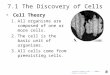 7.1 The Discovery of Cells Cell Theory 1.All organisms are composed of one or more cells. 2.The cell is the basic unit of organisms. 3.All cells come