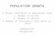 POPULATION GROWTH 3 things contribute to population size 1.Number of births 2.Number of deaths 3.Number of individuals that enter or leave Immigration