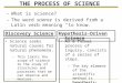 THE PROCESS OF SCIENCE –What is science? –The word science is derived from a Latin verb meaning “to know.” Discovery Science Science seeks natural causes