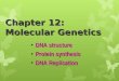 Chapter 12: Molecular Genetics DNA structure DNA structure Protein synthesis Protein synthesis DNA Replication DNA Replication