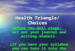 Health Triangle/ Choices Before the bell rings: Get out your journal and writing utensil. (If you have your syllabus you can turn it into the basket.)