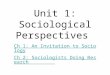 Unit 1: Sociological Perspectives Ch 1: An Invitation to Sociology Ch 2: Sociologists Doing Research