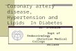 Coronary artery disease, Hypertension and Lipids In Diabetes Dr. SPURGEON Dept of Endocrinology Christian Medical College Vellore