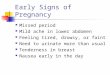 Early Signs of Pregnancy Missed period Mild ache in lower abdomen Feeling tired, drowsy, or faint Need to urinate more than usual Tenderness in breast