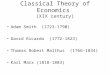 Classical Theory of Economics (XIX century) Adam Smith (1723-1790) David Ricardo (1772-1823) Thomas Robert Malthus (1766-1834) Karl Marx (1818-1883)