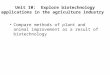 Unit 10: Explore biotechnology applications in the agriculture industry Compare methods of plant and animal improvement as a result of biotechnology