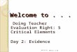 Welcome to... Doing Teacher Evaluation Right: 5 Critical Elements Day 2: Evidence 9/3/2015PBevan, D.ED