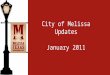 City of Melissa Updates January 2011. Melissa Public Library Standard Hours Monday: 9:00 a.m. to 6:00 p.m. Tuesday: 10:00 a.m. to 6:00 p.m. Wednesday: