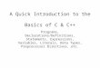 A Quick Introduction to the Basics of C & C++ Programs, Declarations/Definitions, Statements, Expressions, Variables, Literals, Data Types, Preprocessor