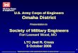 “Shaping the future, while supporting the Nation, in peace and war.” 1 U.S. Army Corps of Engineers Omaha District Presentation to Society of Military