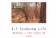 1.3 Studying Life Biology = the study of life Bios = life | ology = study of