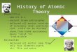 History of Atomic Theory Democritus –460-371 B.C. –ancient Greek philosopher –believed all matter consisted of extremely small particles that could not