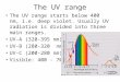The UV range The UV range starts below 400 nm, i.e. deep violet. Usually UV radiation is divided into three main ranges. UV-A (320-395 nm), UV-B (280-320