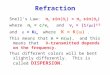 Refraction Snell’s Law: n 1 sin(  1 ) = n 2 sin(  2 ) where n 1 = c/v 1 and v 1 = [1/  ] 1/2 and  = K  o where K = K(  ). This means that n = n(