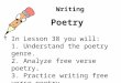 Writing Poetry In Lesson 38 you will: 1. Understand the poetry genre. 2. Analyze free verse poetry. 3. Practice writing free verse poetry