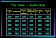 The Game – Evolution Vocab 1 Evidence Darwin & Others Types of Selection Speciation Vocab 2 100 200 300 400 500
