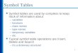 1 Symbol Tables Symbol tables are used by compilers to keep track of information about –variables –functions –class names –type names –temporary variables