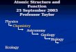 Atomic Structure and Function 25 September 2003 Professor Taylor PhysicsChemistry Astronomy Astronomy Geology GeologyBiology Ecology Ecology