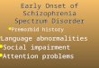 Early Onset of Schizophrenia Spectrum Disorder l Premorbid history l Attention problems l Social impairment l Language abnormalities