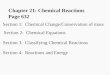 Chapter 21: Chemical Reactions Page 632 Section 1: Chemical Change/Conservation of mass Section 2: Chemical Equations Section 3: Classifying Chemical Reactions