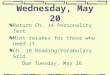 Wednesday, May 20 Return Ch. 14 Personality Test Mini-retakes for those who need it Ch. 18 Reading/Vocabulary Grid Due Tuesday, May 26