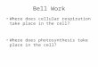 Bell Work Where does cellular respiration take place in the cell? Where does photosynthesis take place in the cell?