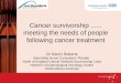 Cancer survivorship...... meeting the needs of people following cancer treatment Dr Karen Roberts Macmillan Nurse Consultant / Reader North of England
