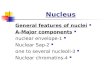 Nucleus General features of nuclei A-Major components 1-nuclear envelope 2-Nuclear Sap 3-one to several nucleoli 4-Nuclear chromatins