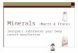 Minerals (Macro & Trace) Inorganic substances your body cannot manufacture