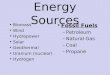 Energy Sources Biomass Wind Hydropower Solar Geothermal Uranium (nuclear) Hydrogen Fossil Fuels –Petroleum –Natural Gas –Coal –Propane