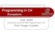 Exceptions Programming in C# Exceptions CSE 494R (proposed course for 459 Programming in C#) Prof. Roger Crawfis
