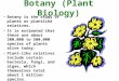 Botany (Plant Biology) Botany is the study of plants or plantlike relatives. It is estimated that there are about 300,000 to 500,000 species of plants
